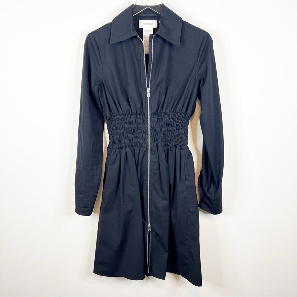 SPORTMAX MaxMara Poplin Smocked Waist Zip Front A-Line Shirtdress 2 Black - Picture 2 of 7